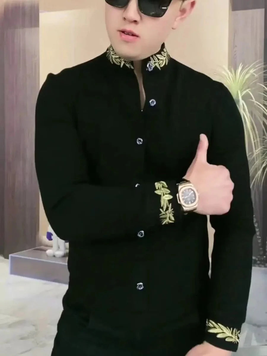 Black Showlu men's slim fit long sleeve sweatshirt with stand collar, casual ethnic style, versatile and trendy for modern fashion.