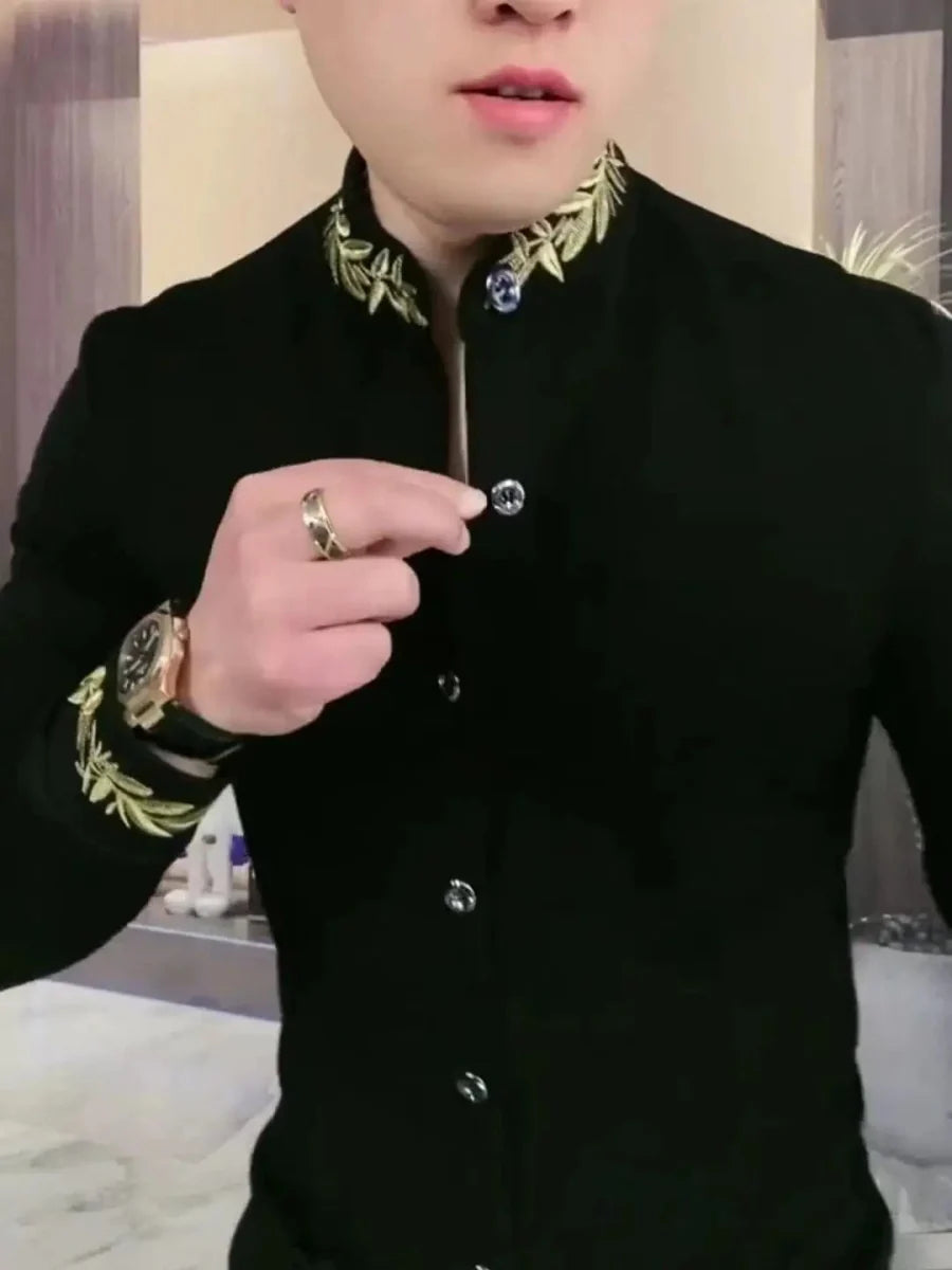 Showlu Men's black slim fit long sleeve sweatshirt with stand-up collar, casual ethnic style, versatile trendy shirt.