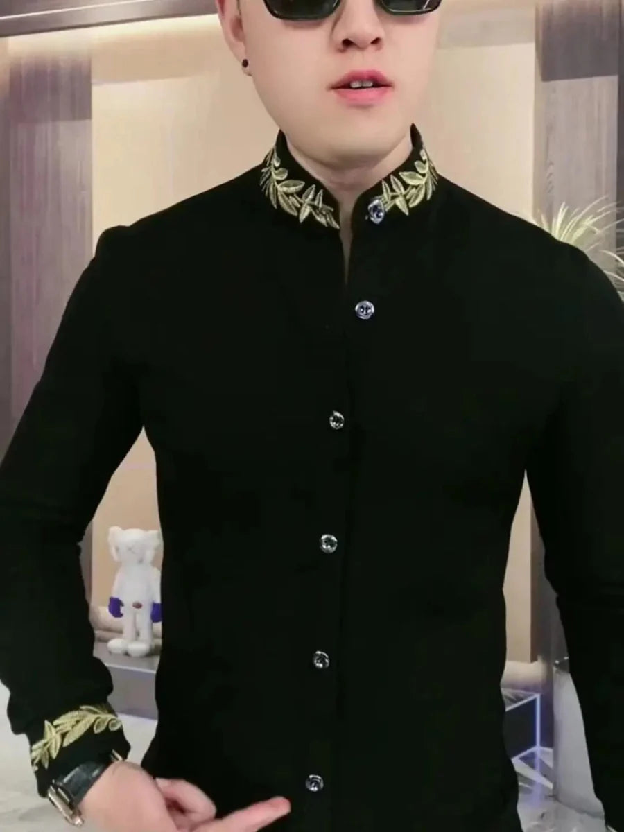 Showlu men's black slim fit long sleeve sweatshirt with stand collar, casual ethnic style, versatile and trendy for fashionable men's wear.