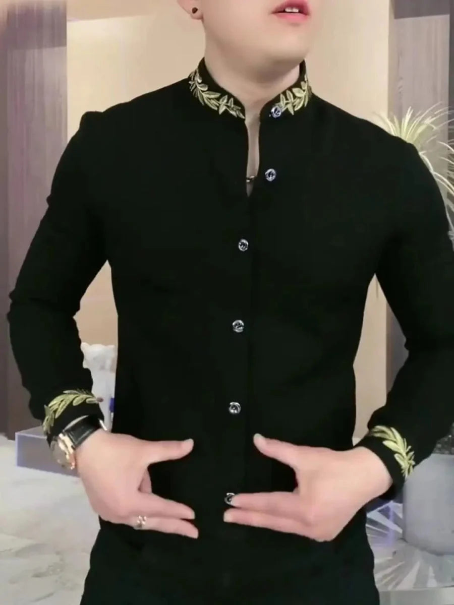 Black Showlu Men's Slim Fit Long Sleeve Sweatshirt with stand collar, casual ethnic style, versatile and trendy for men's fashion.