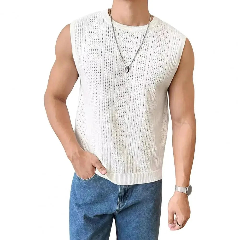 SHOWLU Men's summer knitted tank top, breathable hollow out vest with a casual, slim fit, sleeveless design for street style and daily wear.