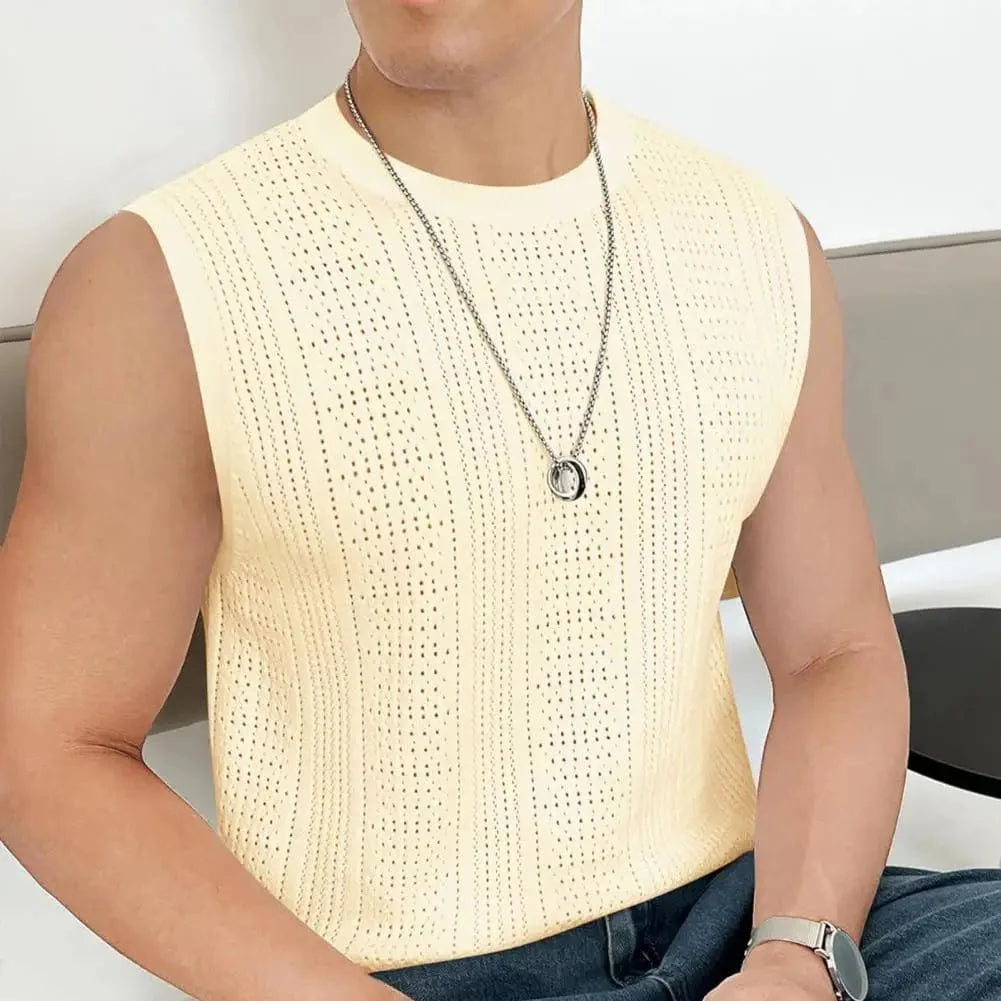 SHOWLU Men's summer knitted tank top, breathable hollow-out sleeveless vest with casual loose fit and solid color for daily wear.