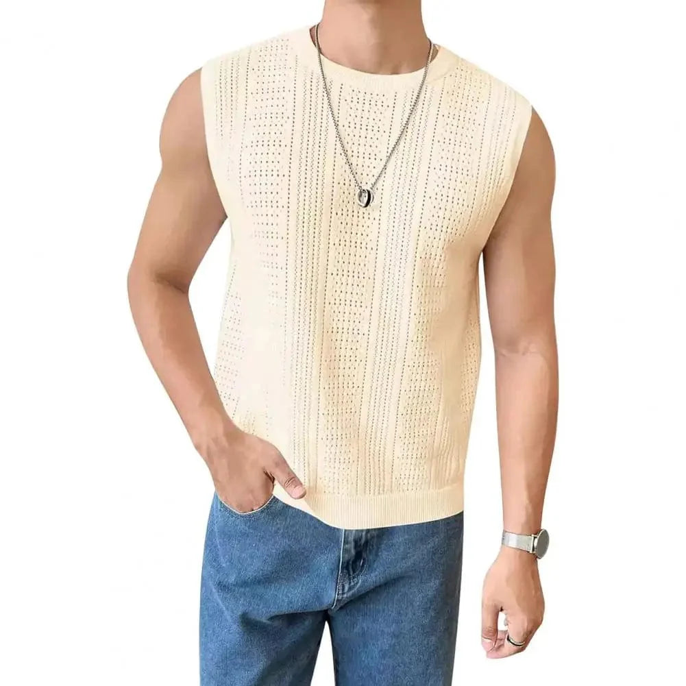 Men's summer knitted tank top by SHOWLU FASHION STORE, breathable hollow-out vest with a casual, slim-fit design for daily street style.