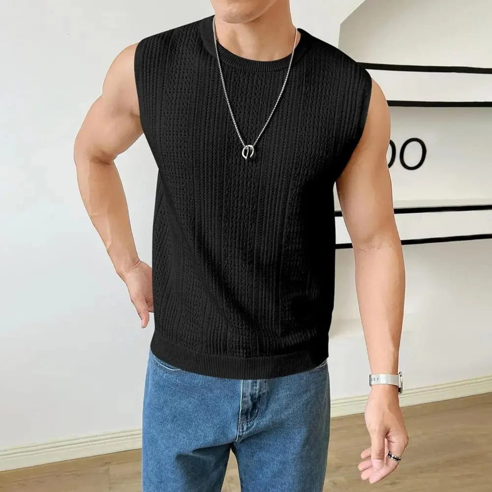 SHOWLU Men's summer knitted tank top with breathable hollow design, sleeveless, casual loose fit, solid color for street style.
