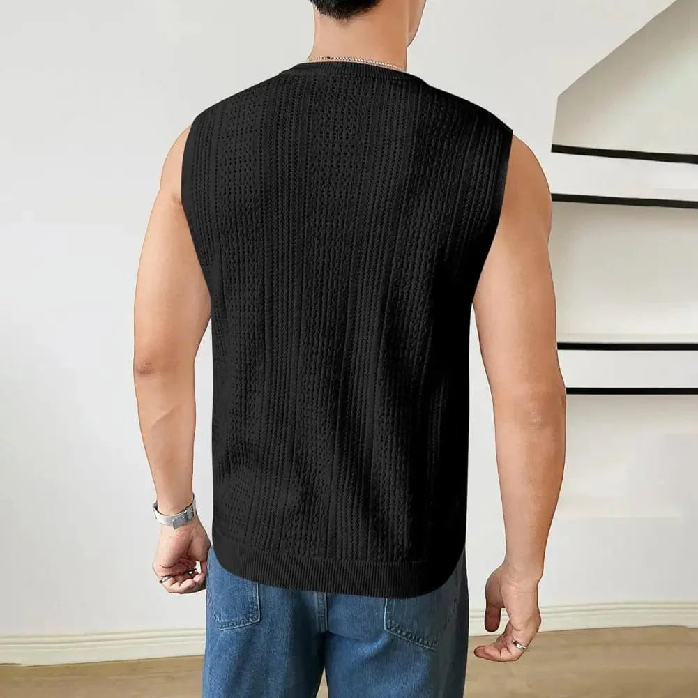Men's SHOWLU Summer Knitted Tank Top, breathable hollow-out vest with a casual, loose fit and solid color for daily streetwear.