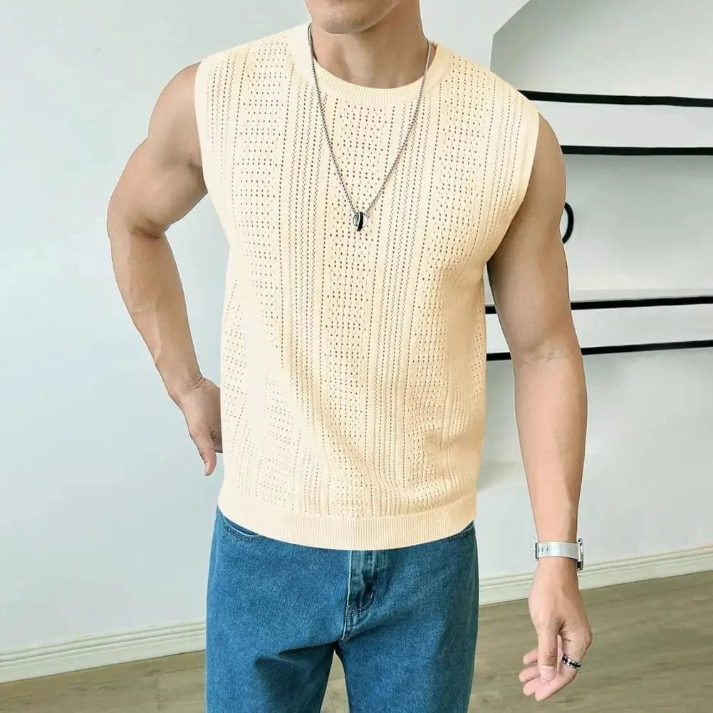 SHOWLU Men's summer knitted tank top with breathable hollow design, sleeveless, casual loose fit, ideal for street style and daily wear.