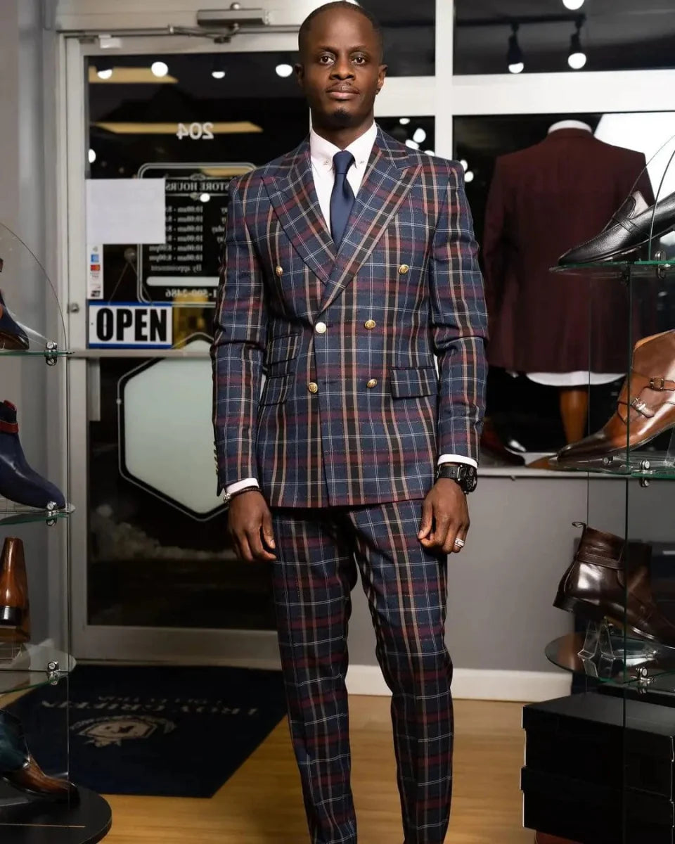 NCDIMS men's 2-piece grid wedding suit with slim fit jacket and pants, featuring a casual, custom-made style for formal occasions