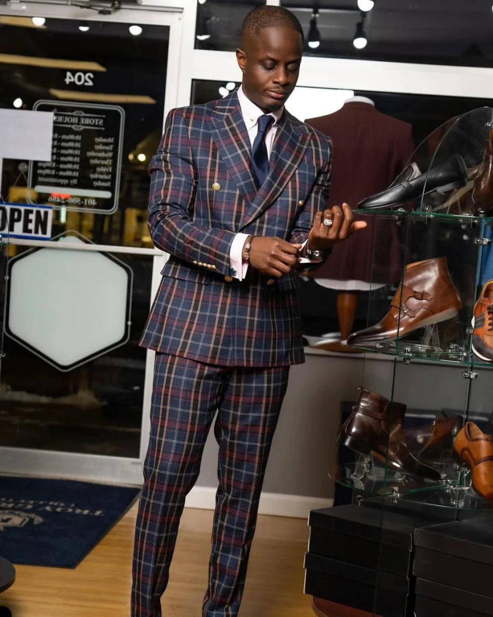 Men's slim fit wedding suit by SHOWLU FASHION STORE, 2-piece grid design with jacket and pants, suitable for formal or casual occasions.