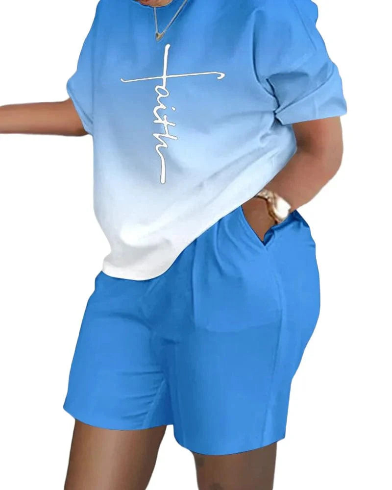 Women's gradient print short sleeve t-shirt and shorts set by SHOWLU FASHION, casual summer 2023 two-piece outfit with pockets.