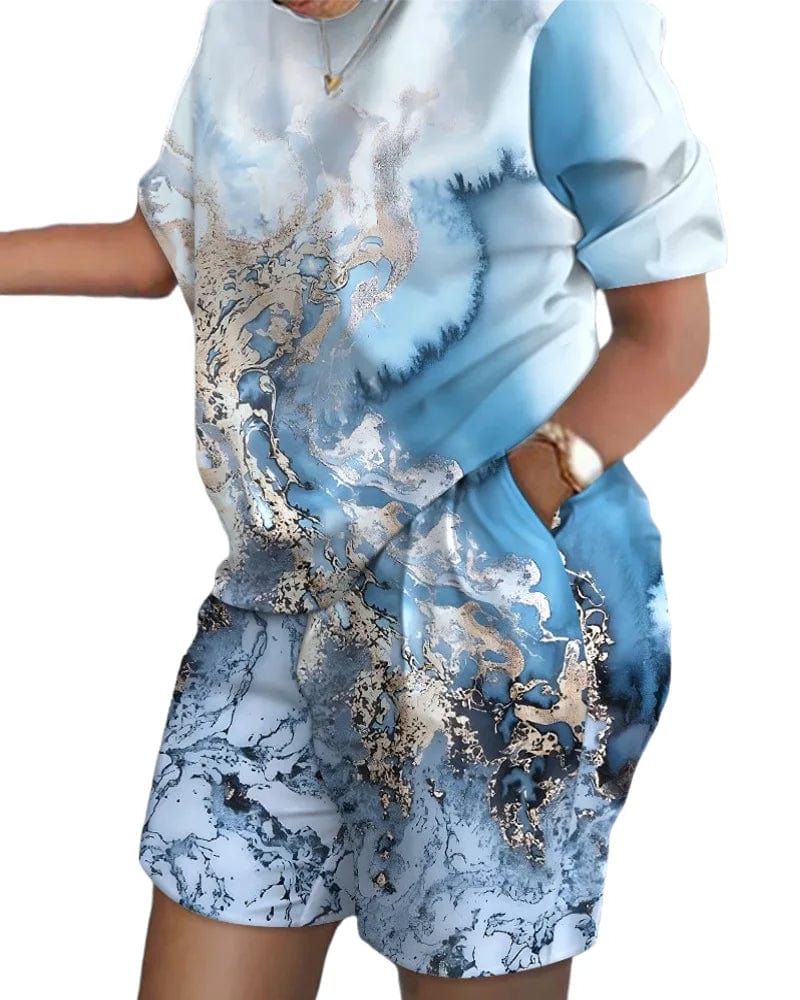 Shuangfuxiang women's gradient print 2-piece short sleeve shorts set with T-shirt and shorts, casual summer outfit for women.