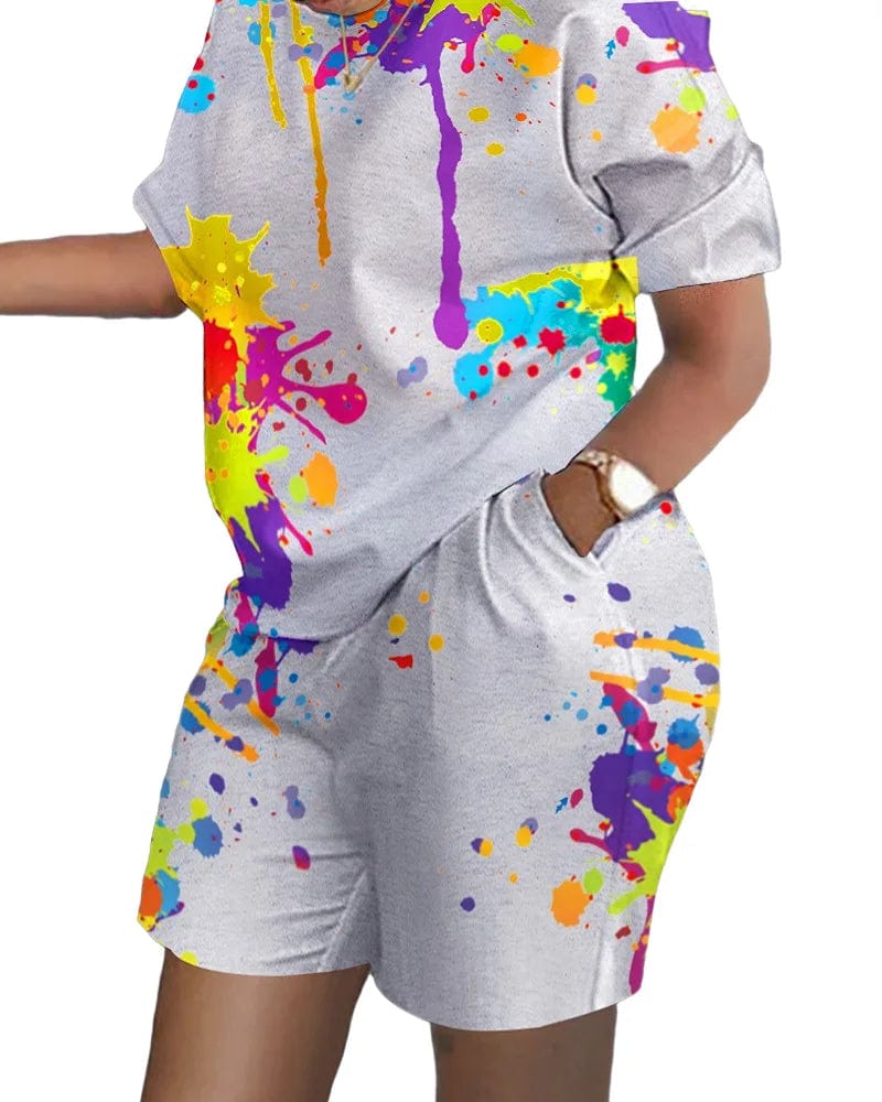 Shuangfuxiang women's gradient print 2-piece short-sleeve shorts set with t-shirt and shorts, casual summer outfit for women