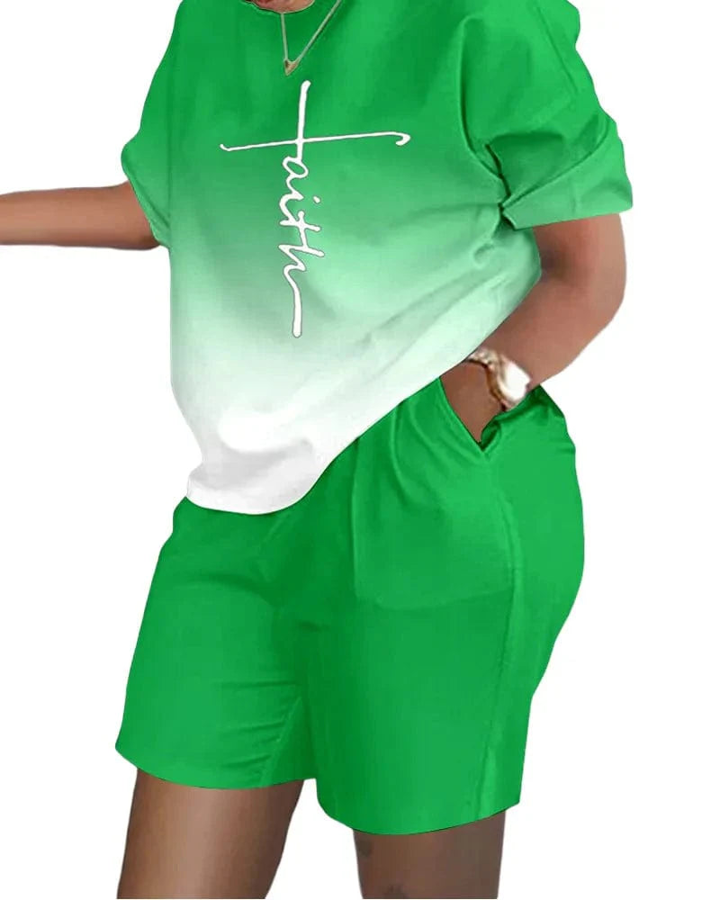Shuangfuxiang women's gradient print 2-piece shorts set with short sleeve T-shirt and matching shorts, casual summer outfit.