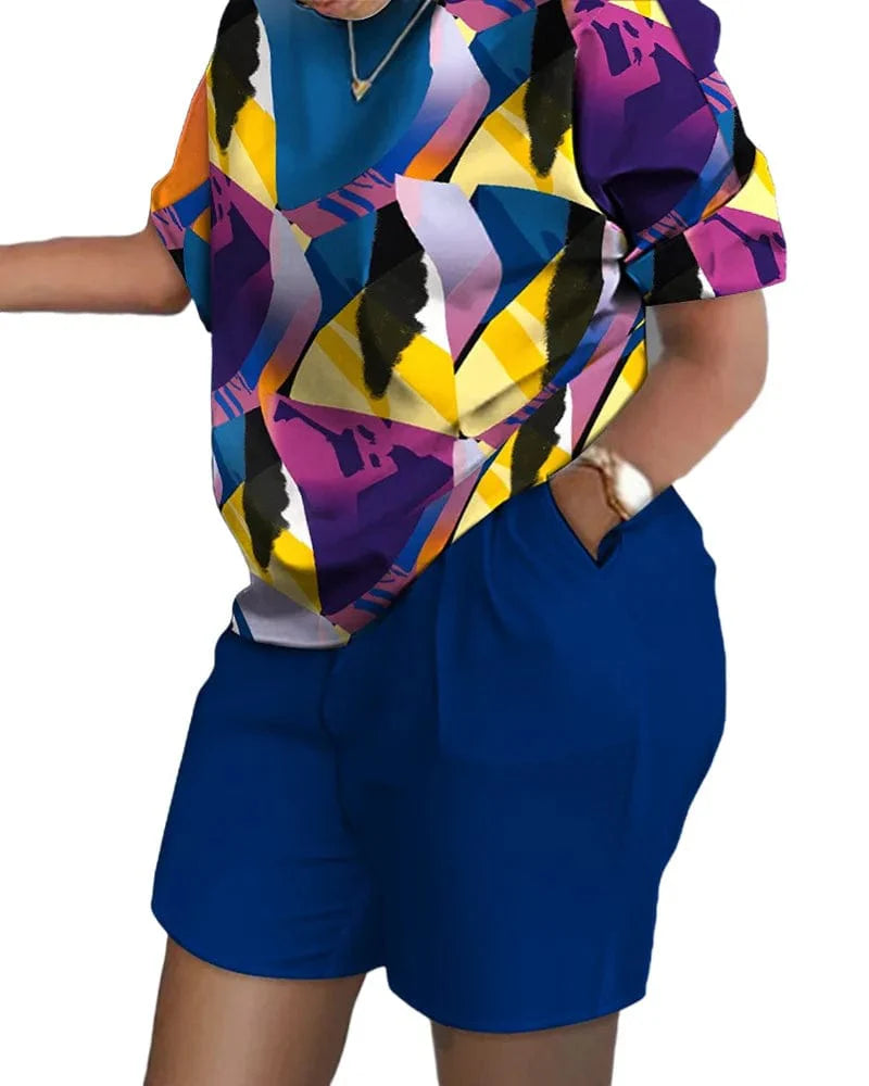 Women's gradient print short sleeve T-shirt and shorts set by SHOWLU FASHION featuring casual summer 2023 style.