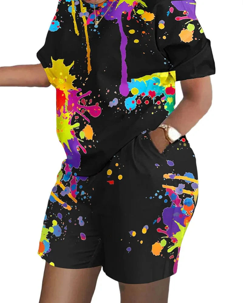 Shuangfuxiang women's gradient print 2-piece shorts set with short sleeve t-shirt and matching shorts, casual summer outfit.