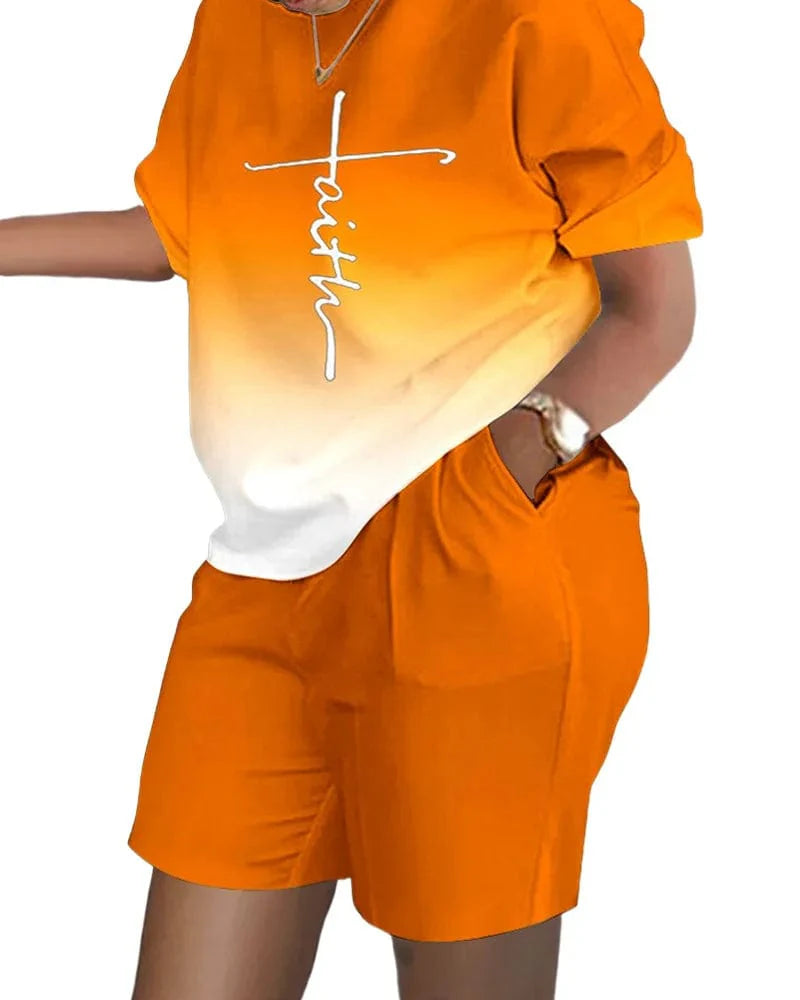 Shuangfuxiang women's gradient print short sleeve T-shirt and shorts set, casual summer two-piece outfit with pockets, trendy and comfortable.