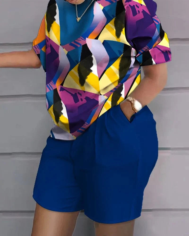 Shuangfuxiang women's gradient print 2-piece short sleeve shorts set with T-shirt and matching shorts, casual summer outfit.