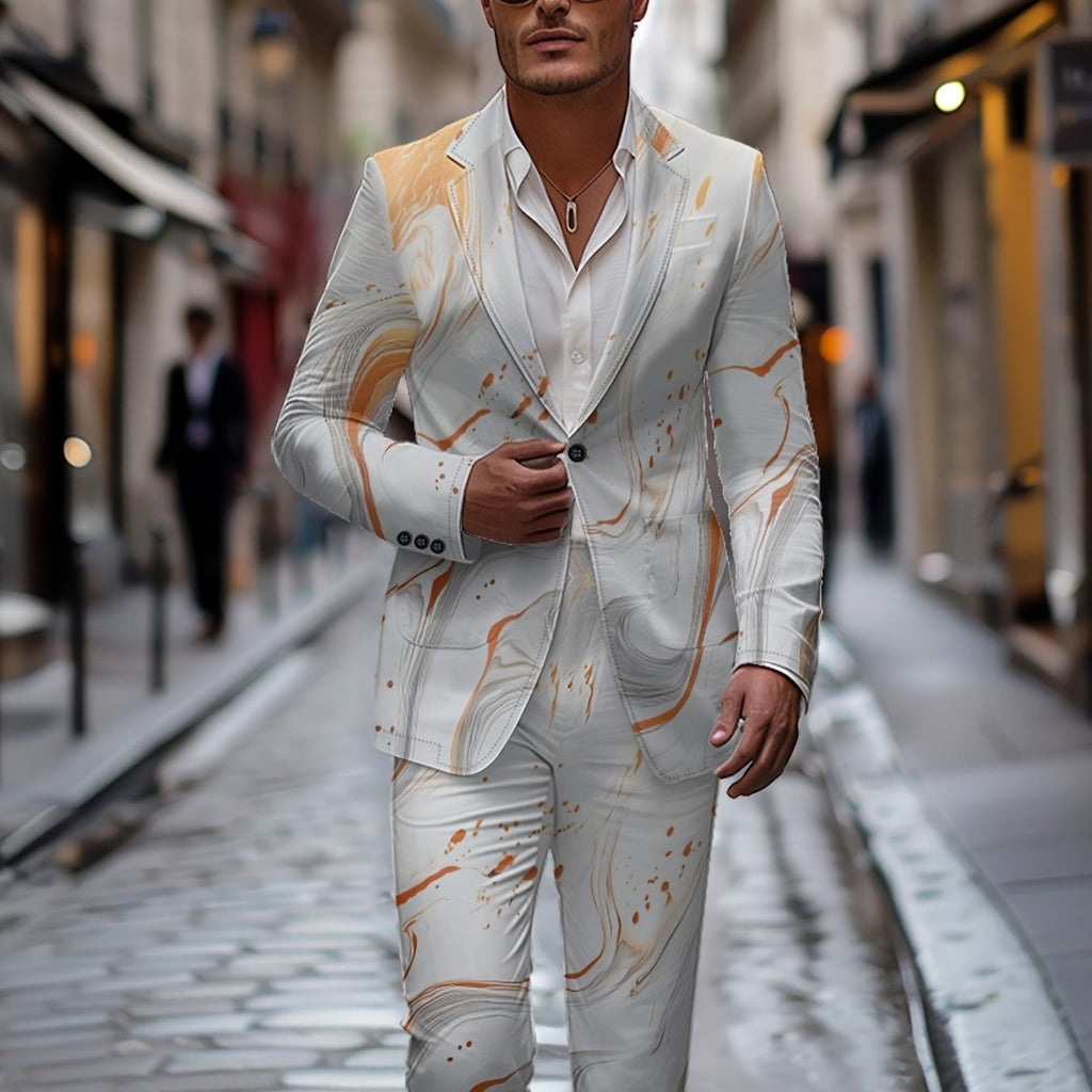 SHOWLU FASHION men's slim-fit blazer and trouser set with graphic print, long sleeves, lapels, and button details for a modern look.