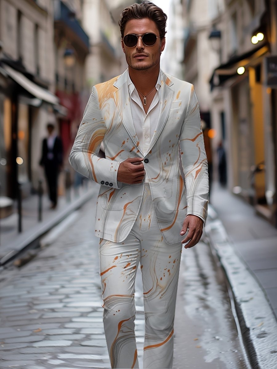 SHOWLU FASHION Men's slim-fit graphic print blazer and trouser set, casual style with lapels, button details, perfect for spring.