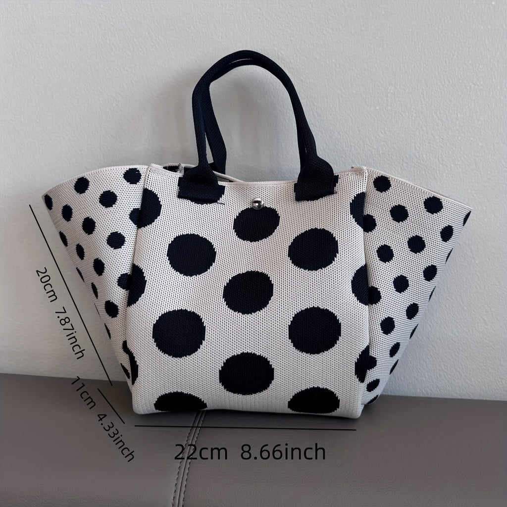 SHOWLU Burgundy polka dot knit tote bag, casual foldable handbag with handles, perfect for everyday use