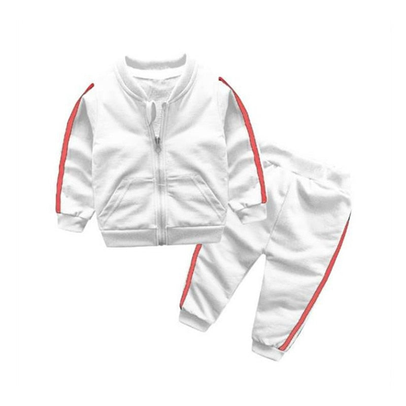 Baby boy SHOWLU FASHION striped cotton bomber jacket and pants sports set, featuring a jacket with striped design and matching pants.
