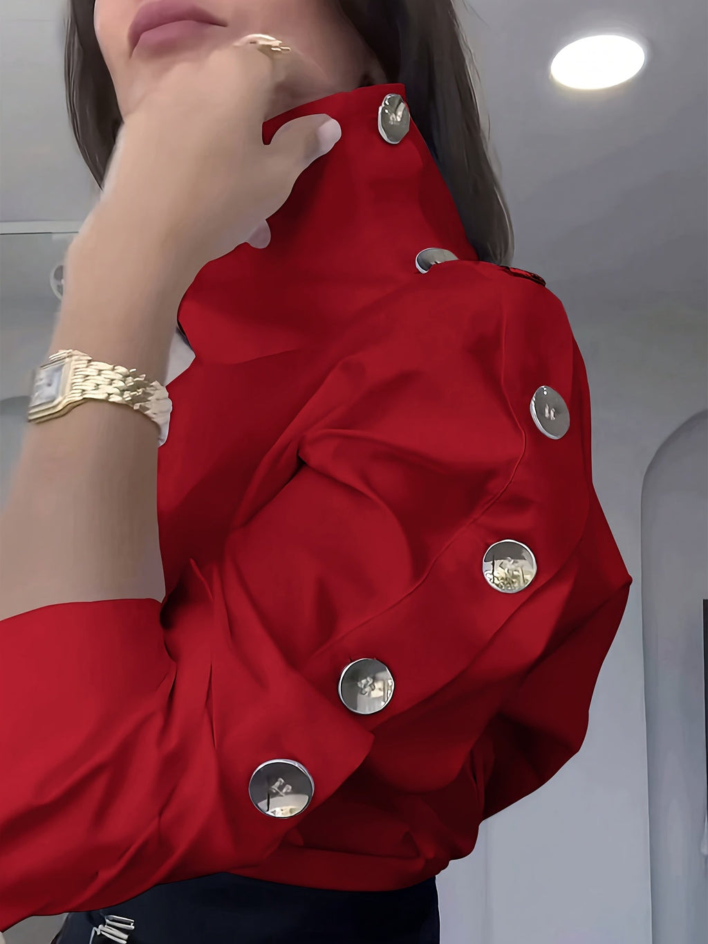 Red and white striped SHOWLU FASHION women's high neck blouse with a classic shirting design, featuring a stylish high neckline.