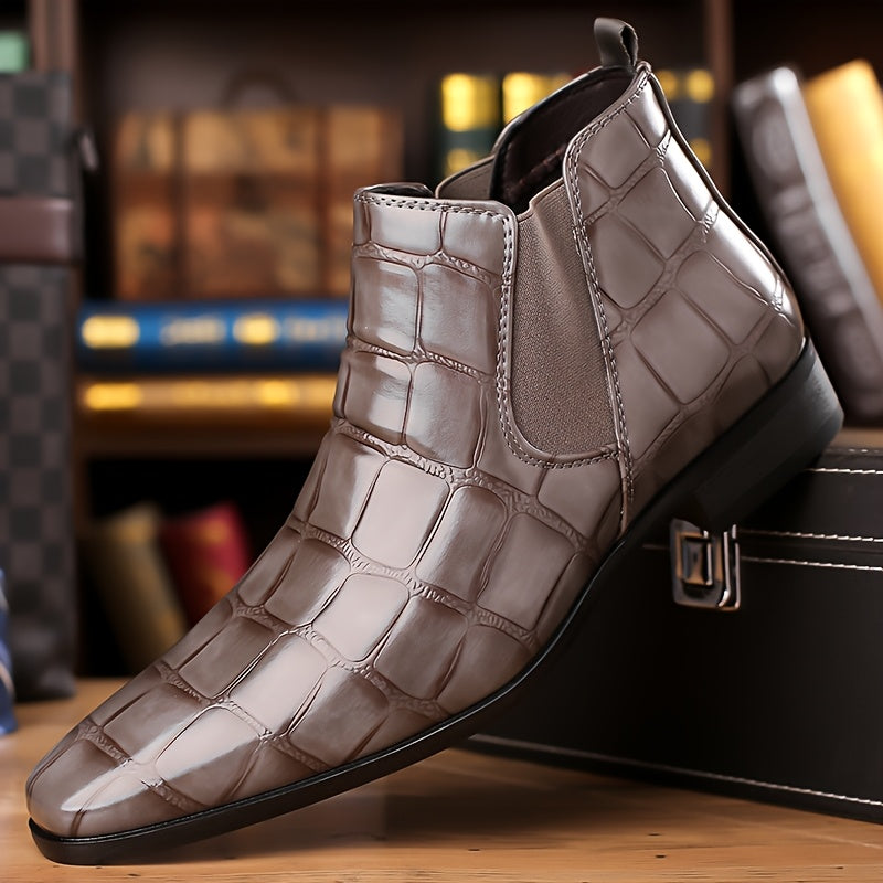SHOWLU men's pointed toe Chelsea boots with shiny finish and short ankle height, formal style perfect for dressy occasions.