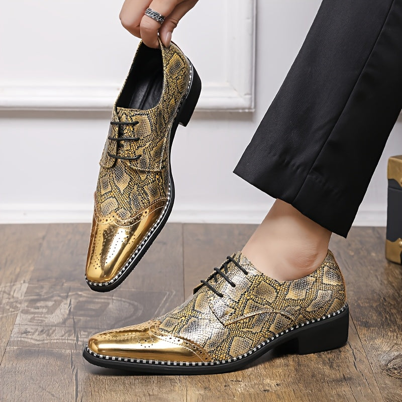 Men's SHOWLU FASHION golden diamond pattern brogue loafers with pointed toe, stylish leather shoes for formal or casual wear.