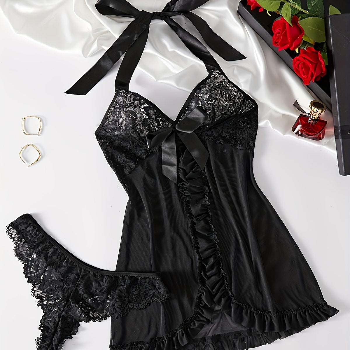 Alluring Halter Lace Lingerie Set for Women - Seductive Deep V Slip Dress with Adjustable Tie Neck, Split Ruffles & Bow Decor, Includes Matching Thong - A Feminine Boudoir Essential & Perfect Gift