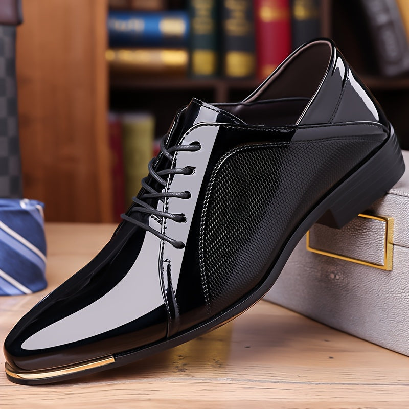 SHOWLU Men's pointed toe lace-up dress shoes in solid PU leather, stylish Oxford design with sleek finish