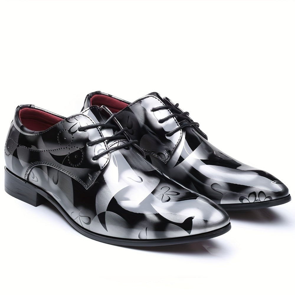 SHOWLU men's flower print pointed toe PU leather dress shoes for business, stylish and comfortable footwear for formal occasions