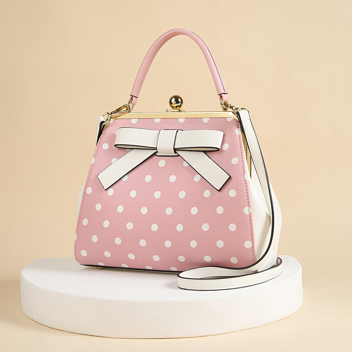 SHOWLU Polka Dot Patent Leather Handbag with Bow, kiss lock closure, stylish accessory for women