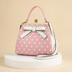 2024 Autumn New Korean Polka Dot Lacquered Handbag for Women - High Quality with Kiss Lock Closure, Removable Shoulder Strap & Bow Detail, Glossy Patent Look (Black/White, Bronze, Pink & White) - Perfect for Weddings, Parties
