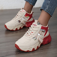 New Women's 2025 Spring/Summer Outdoor Sports Shoes - Height-Enhancing Thick Sole, High Quality Synthetic Leather Upper, Breathable Fabric Lining & Non-Slip PVC Outsole for Running, Hiking, Casual Wear - Beige/Red Colorway, L