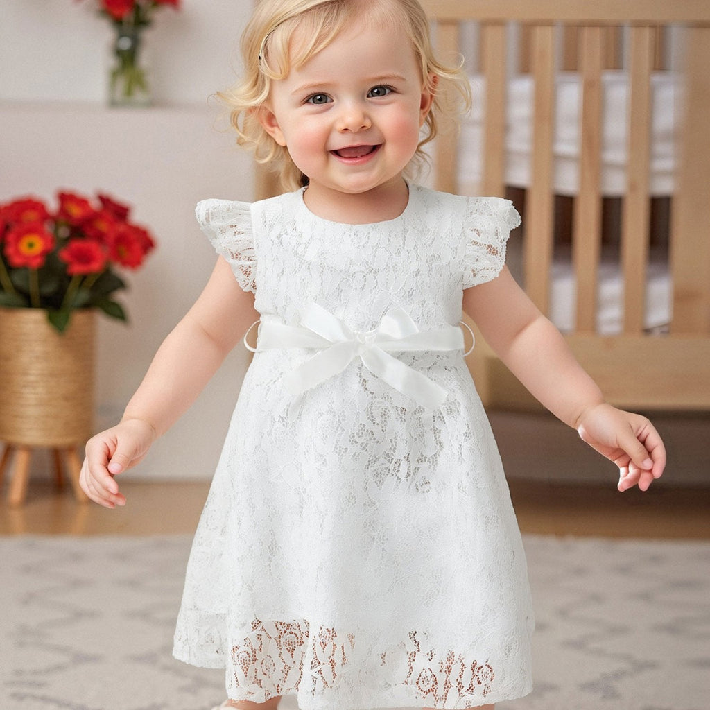 SHOWLU Girls lace fly sleeve summer dress with belt, solid color woven fabric, featuring delicate lace details and a stylish belt.