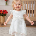SHOWLU Girls lace fly sleeve summer dress with belt, solid color woven fabric, featuring delicate lace details and a stylish belt.