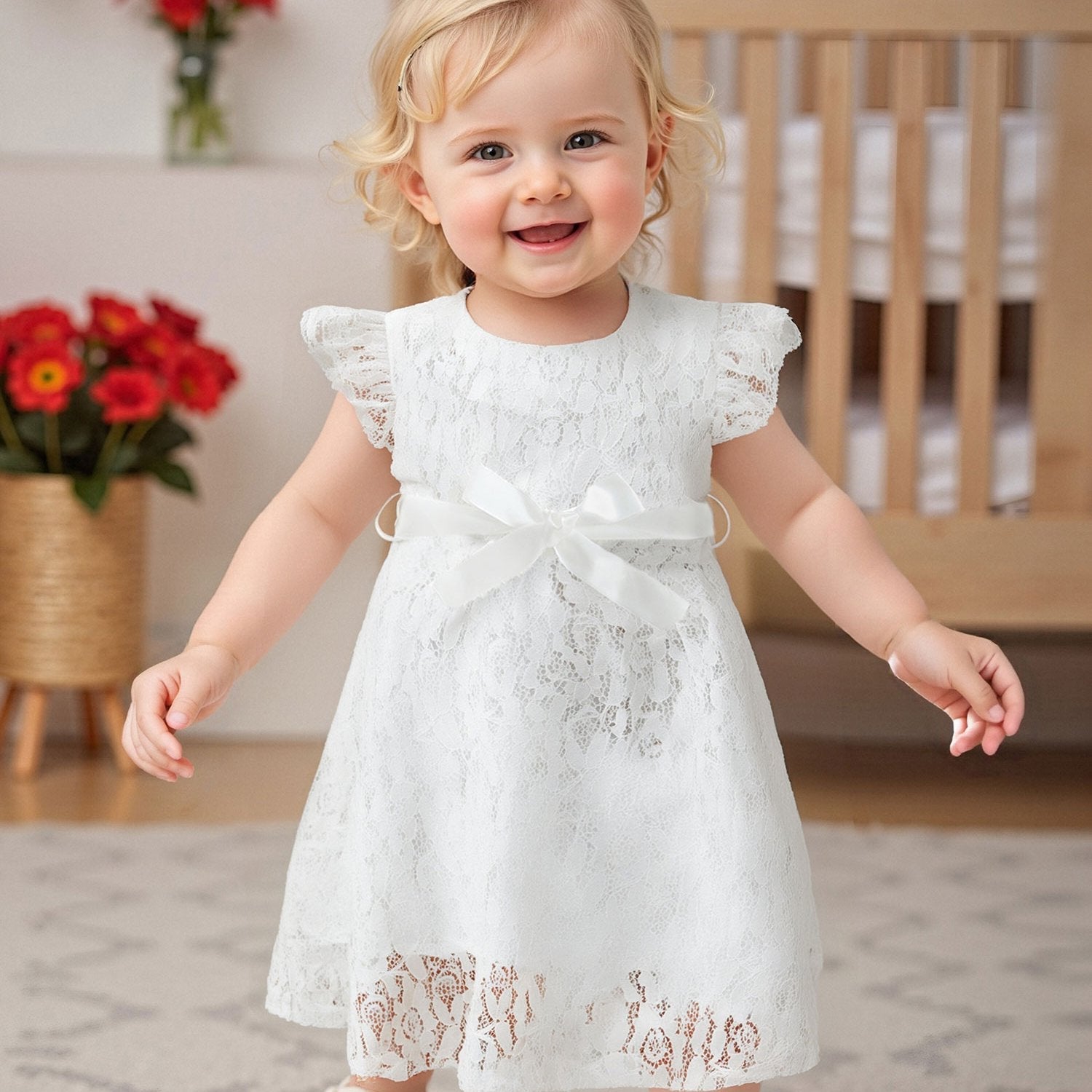 SHOWLU Girls lace fly sleeve summer dress with belt, solid color woven fabric, featuring delicate lace details and a stylish belt.