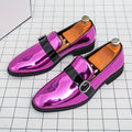 SHOWLU Men's glossy pointed-toe loafers in faux leather, slip-on dress shoes with a sleek, polished finish.