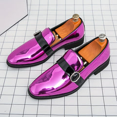 [Elegant Style] Men's Glossy Pointed-Toe Loafers - Fashionable Slip-On Dress Shoes with Metallic Buckle Detail, Versatile for Business or Casual Wear, Faux Upper, Rubber Sole