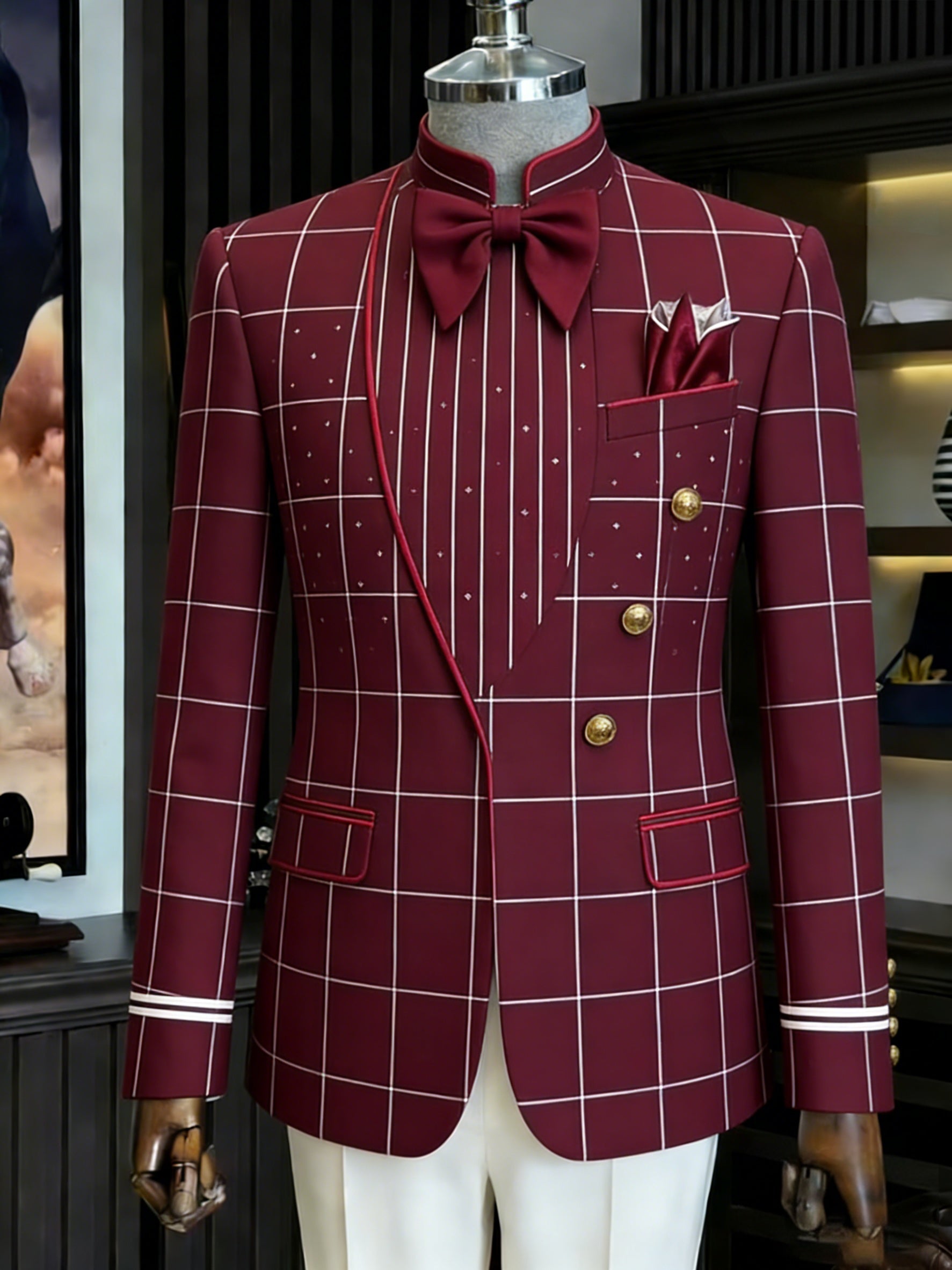 Showlu men's slim fit double-breasted suit in solid color, formal evening wear, tailored for a sleek, modern look.