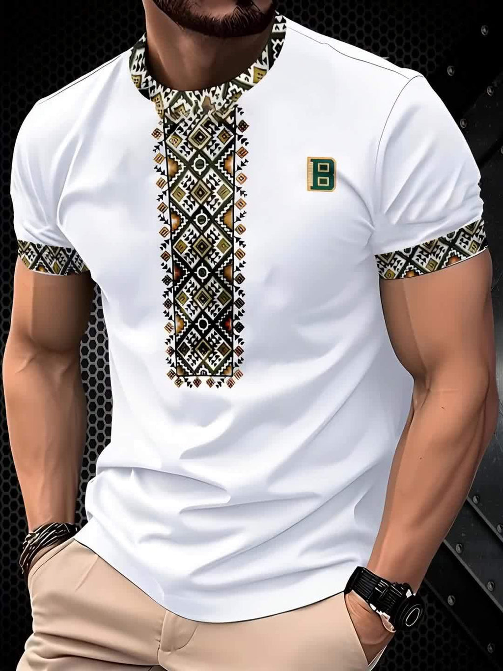 White SHOWLU Men's geometric print polyester T-shirt with a regular fit, featuring bold geometric patterns on the front.