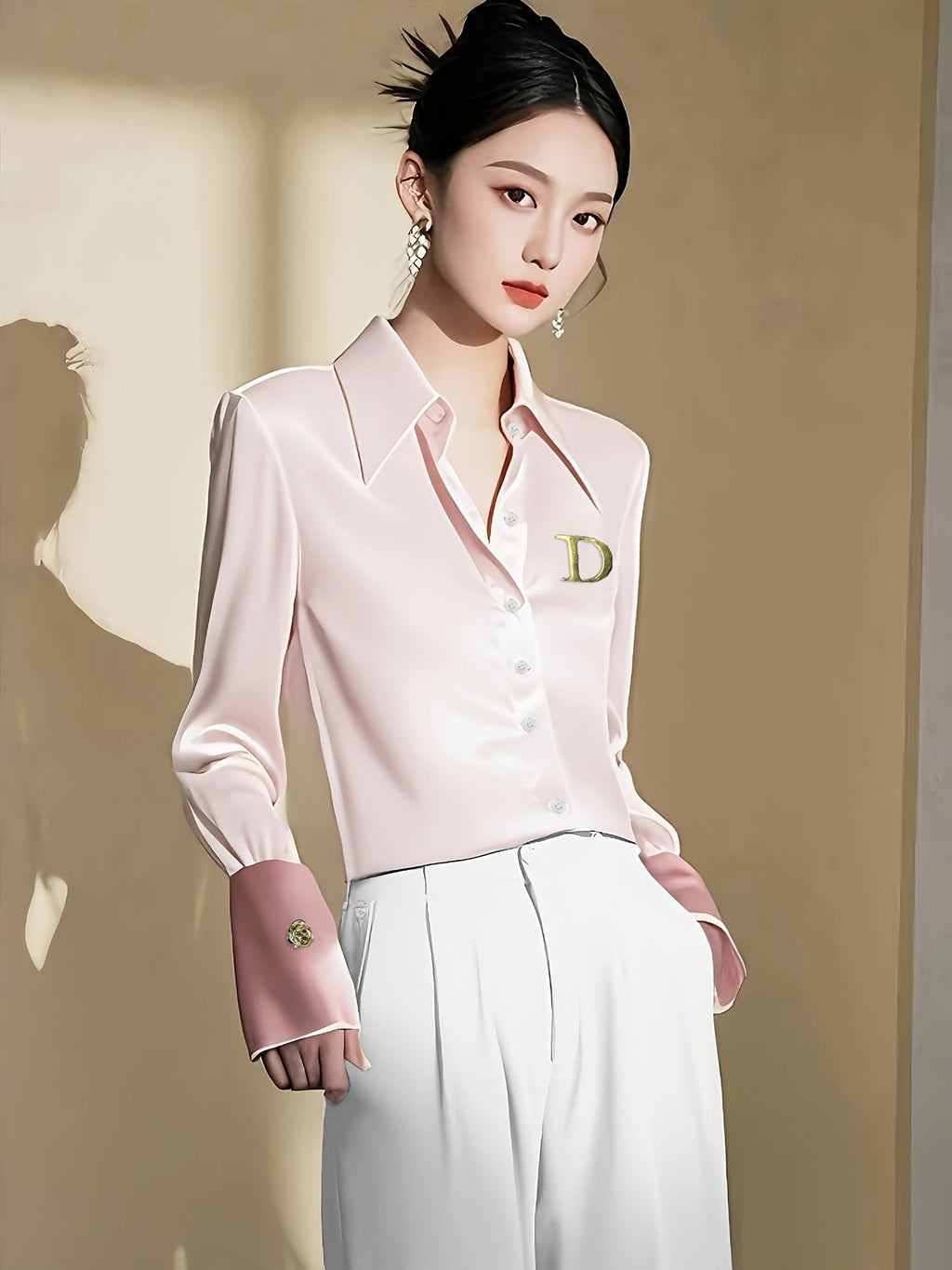 Elegant women's long sleeve formal shirt with zipper detail, showcasing a chic design and tailored fit from SHOWLU FASHION STORE.