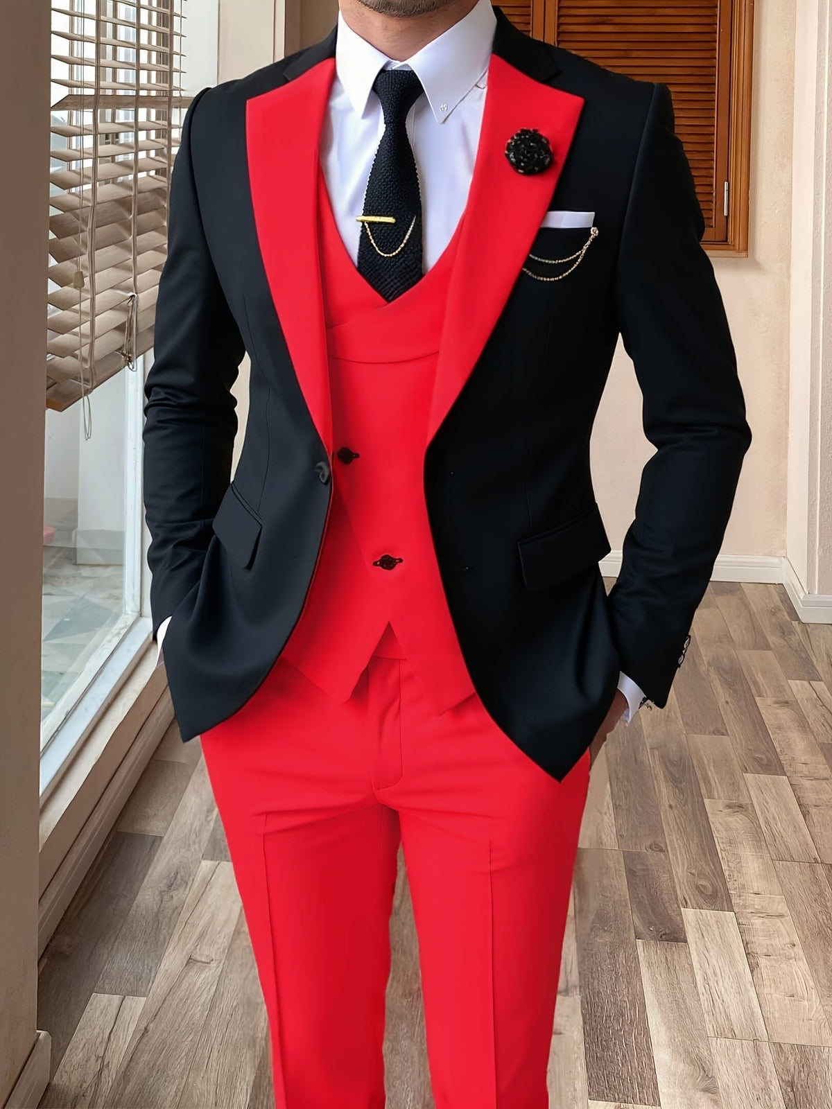 Showlu Fashion men's 3-piece color block slim fit tuxedo suit set, featuring a jacket, vest, and trousers in vibrant color blocks.