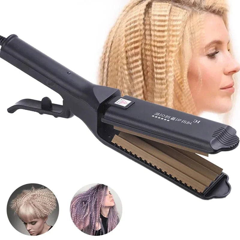 Showlu Tourmaline Ceramic Hair Crimper Iron with corrugated plates for creating fluffy, textured hairstyles and anti-static hair styling.