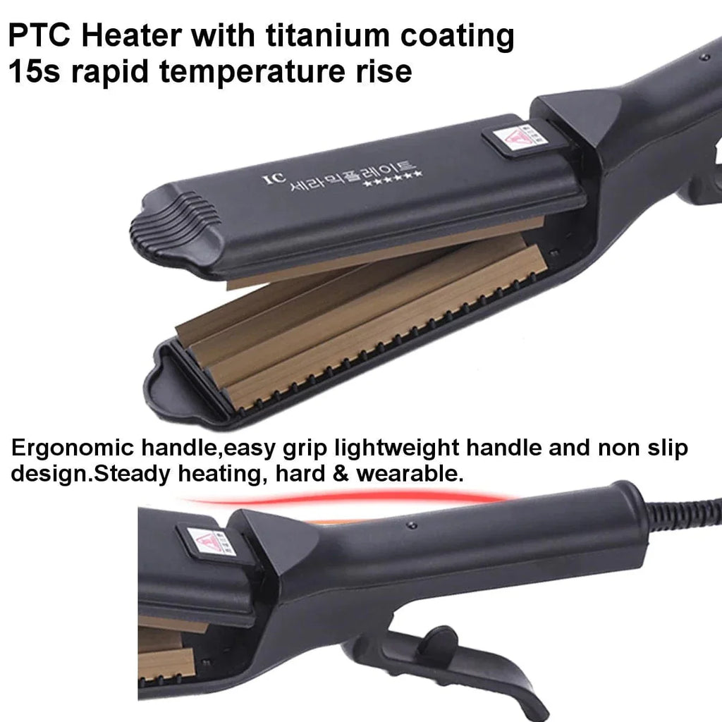 Showlu Tourmaline Ceramic Hair Crimper Iron with corrugated plates for creating fluffy, textured hairstyles and anti-static effects.