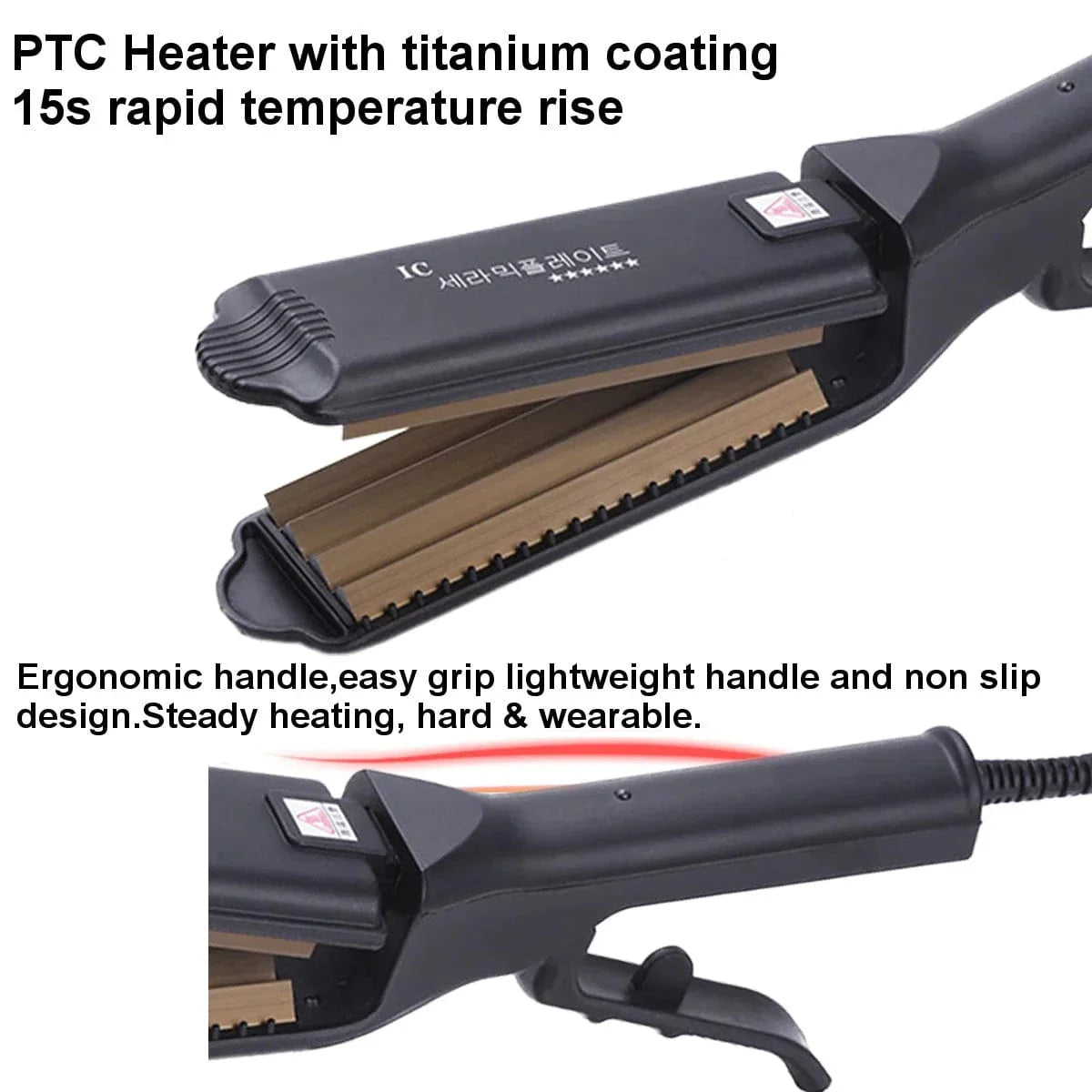 Showlu Tourmaline Ceramic Hair Crimper Iron with corrugated plates for creating fluffy, textured hairstyles and anti-static effects.