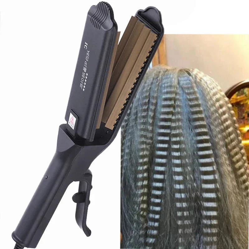 Showlu Tourmaline Ceramic Hair Crimper Iron for fluffy, corrugated hair styles with anti-static plates and textured crimping surface.