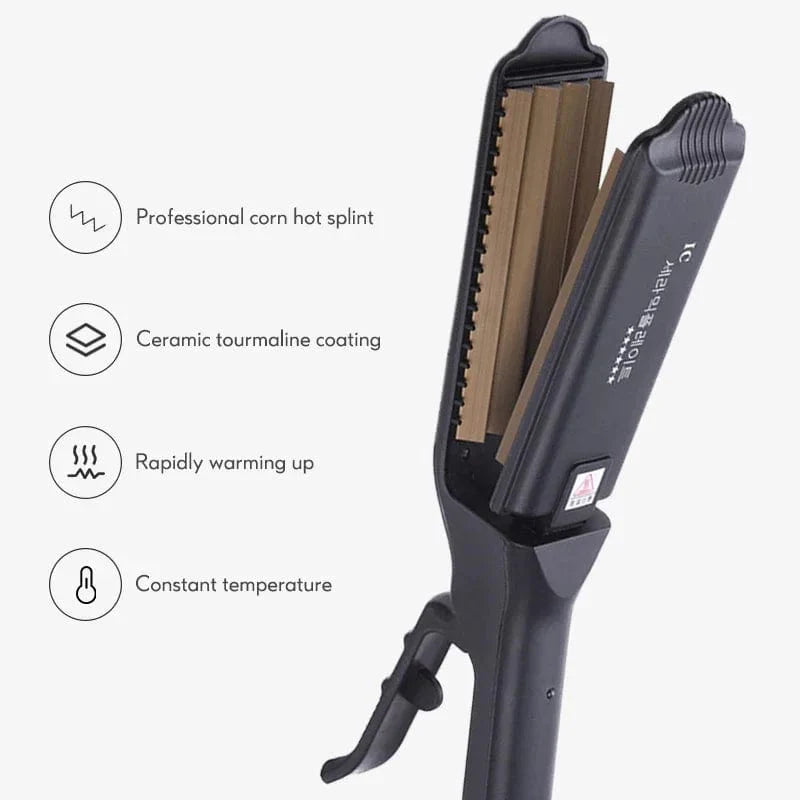 Showlu Tourmaline Ceramic Hair Crimper Iron with corrugated plates for creating fluffy, textured hairstyles and anti-static hair styles.