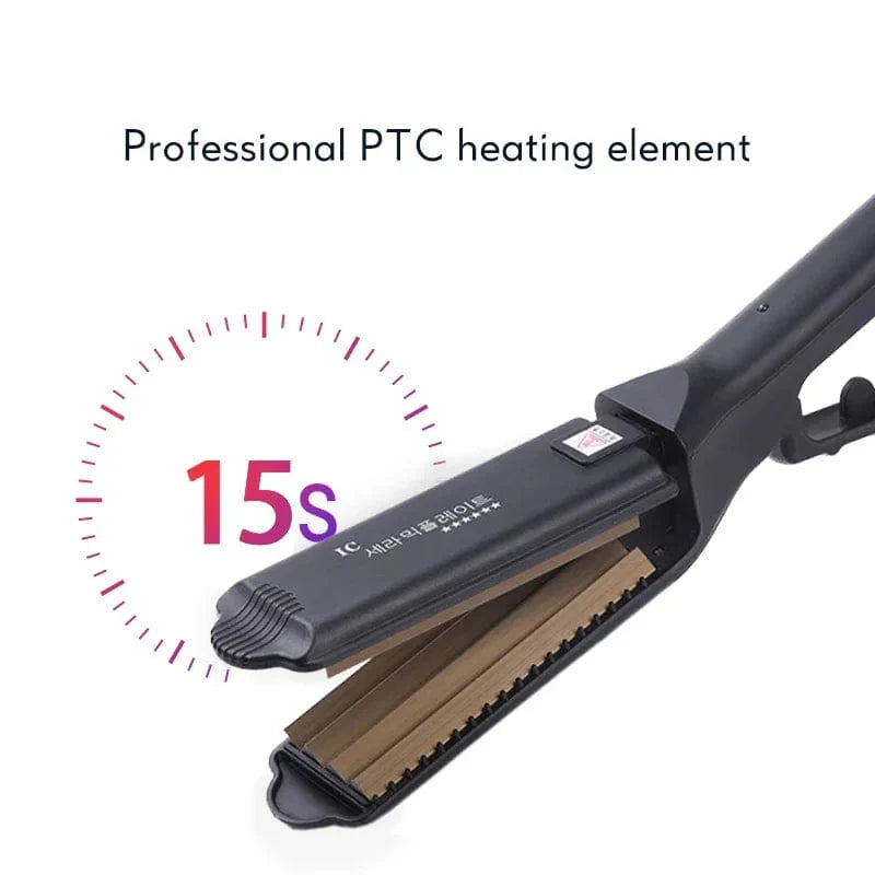 Showlu Tourmaline Ceramic Hair Crimper Iron with corrugated plates for fluffy, textured hairstyles and anti-static hair styling.