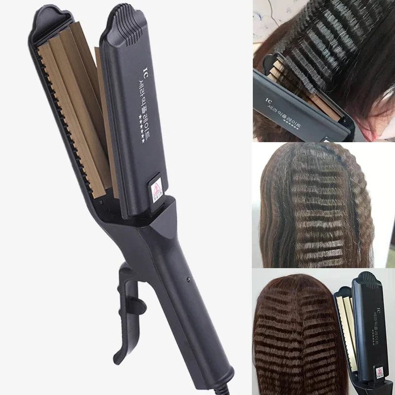 Showlu Tourmaline Ceramic Hair Crimper Iron with corrugated plates for creating fluffy, textured hairstyles and anti-static hair crimps.