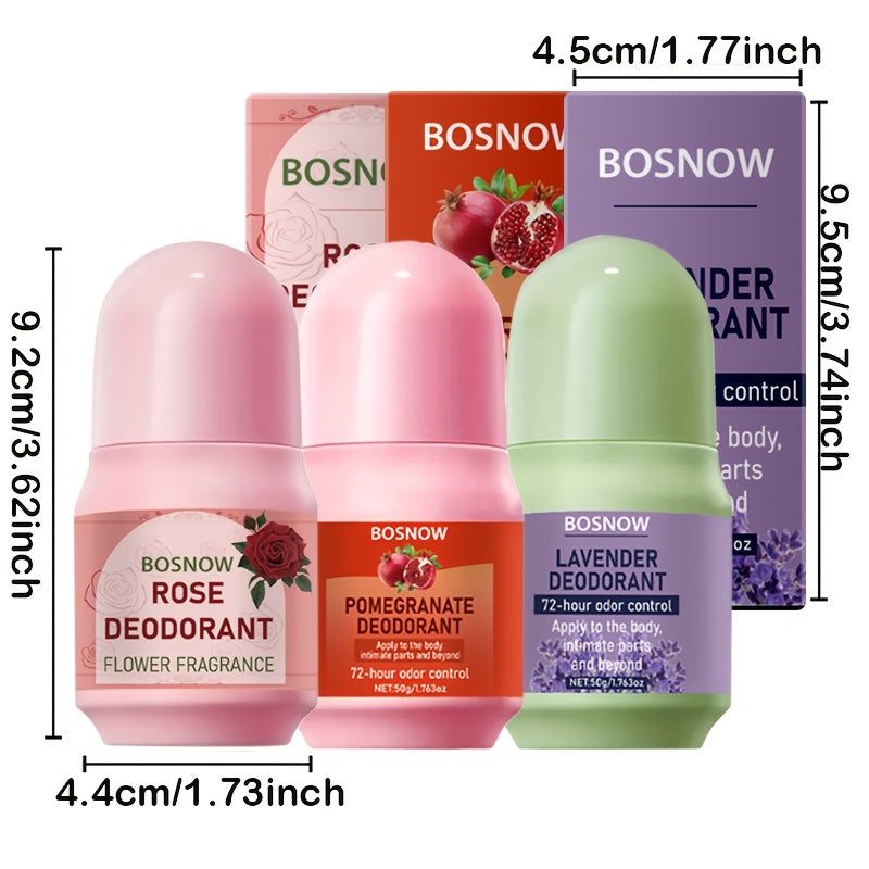 SHOWLU Natural Deodorant Set with rose, pomegranate, and lavender scents, featuring three eco-friendly sticks in colorful packaging.